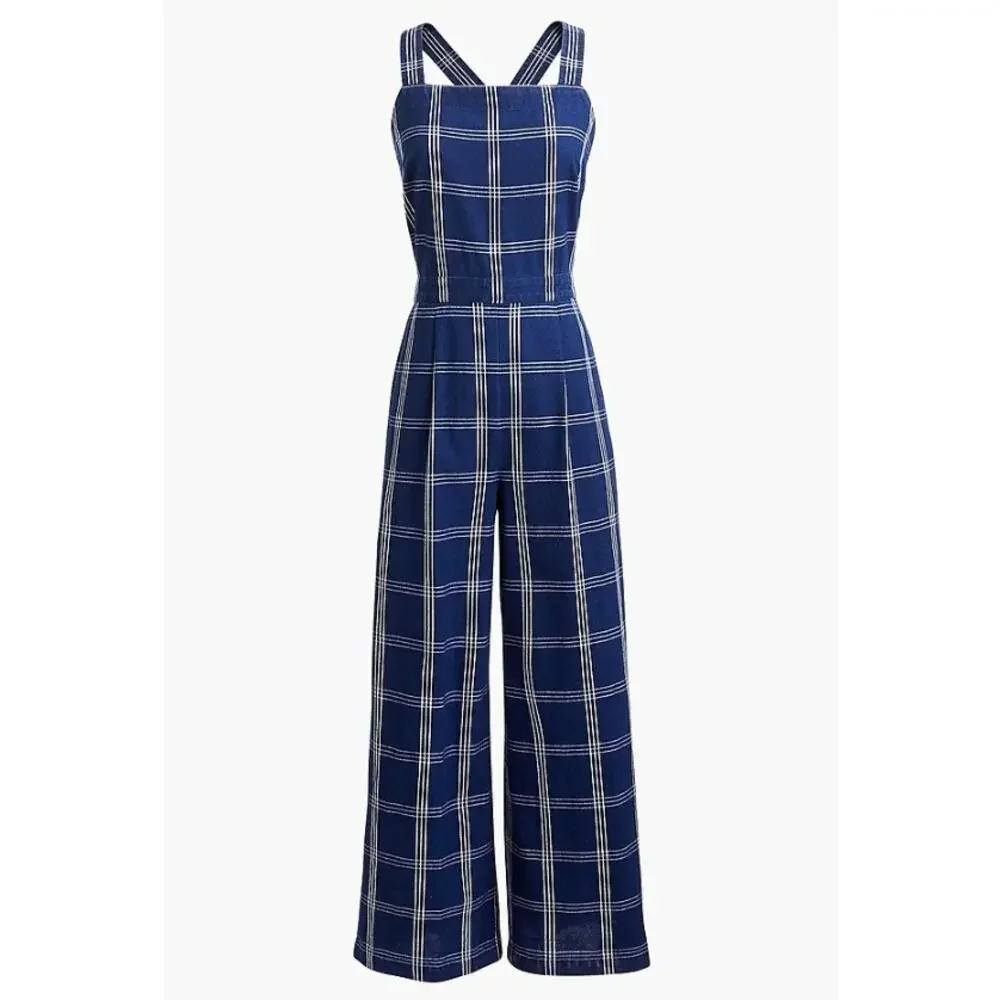 J. Crew Windowpane Cross-Back Jumper Size 2 in Blue & White Cottage Core - Picture 3 of 15